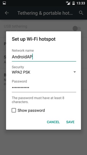 Enter a Wi-Fi hotspot password of at least 8 characters and select SAVE