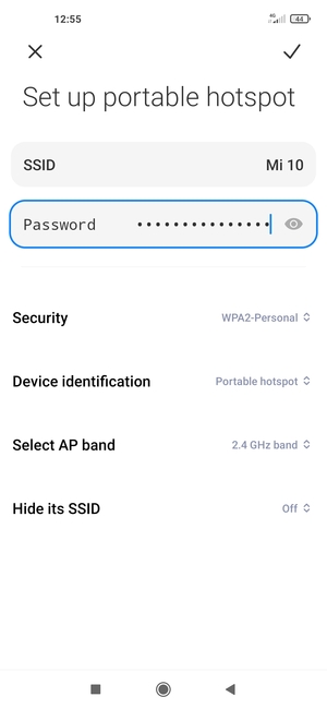 Enter a Wi-Fi hotspot password of at least 8 characters and select SAVE