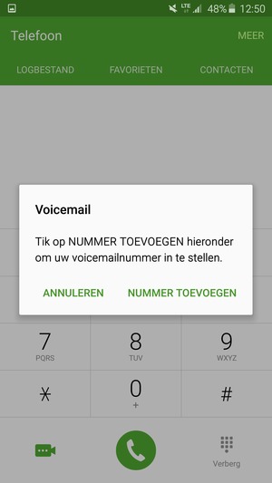 Als uw voicemail niet geïnstalleerd is, selecteert u NUMMER TOEVOEGEN