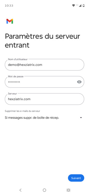 Saisissez votre Nom d'utilisateur et l'adresse du serveur entrant. Sélectionnez Suivant