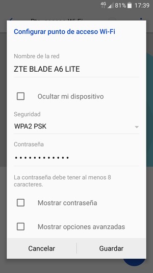 Introduzca una contraseña de punto de acceso Wi-Fi de al menos 8 caracteres y seleccione Guardar