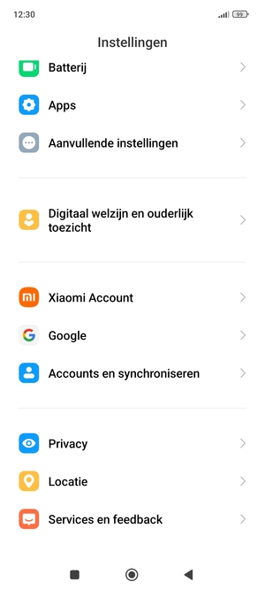 Scroll naar en selecteer Accounts en synchroniseren