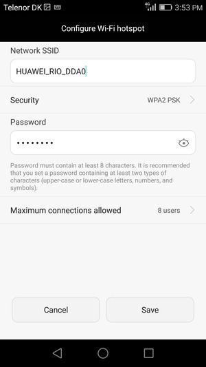 Enter a Wi-Fi hotspot password of at least 8 characters and select Save