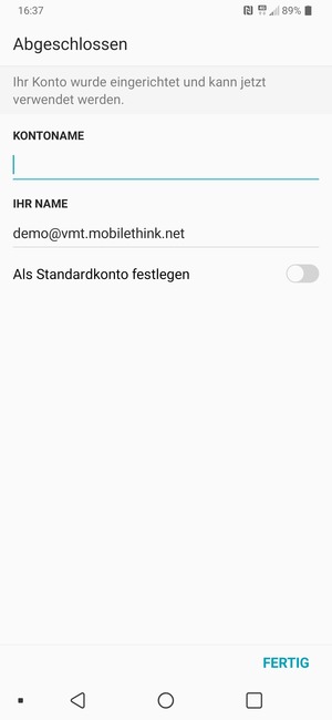 Geben Sie Ihrem Konto einen Namen und geben Sie Ihren Namen ein. Wählen Sie FERDIG