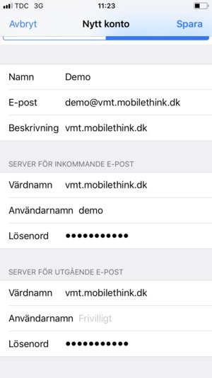 Ange e-postinformation för SERVER FÖR UTGÅENDE E-POST och välj Spara
