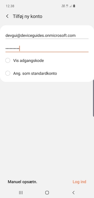 Indtast din e-mailadresse og adgangskode. Vælg Manuel opsætn.