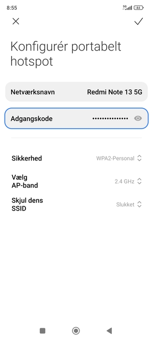 Indtast en Wi-Fi-hotspot adgangskode på minimum 8 tegn og vælg OK