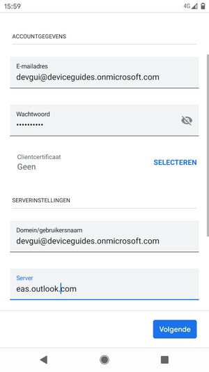 Voer Gebruikersnaam en Exchange serveradres in. Selecteer Volgende