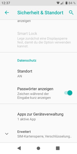 Um die PIN für die SIM-Karte zu wechseln, gehen Sie zum Sicherheit & Standort Menü zurück und wählen Sie Erweitert