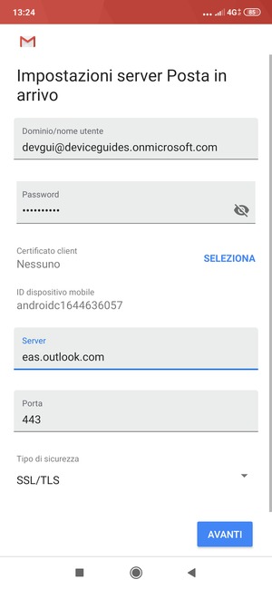 Inserisci l'indirizzo del server Exchange e seleziona AVANTI