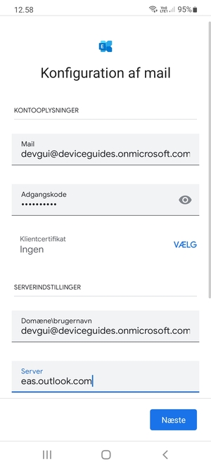 Indtast Brugernavn og Exchange serveradresse. Vælg Næste