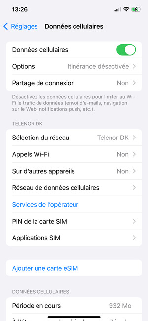 Sélectionnez Réseau de données cellulaires