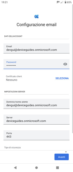 Inserisci Nome utente e l'indirizzo del server Exchange. Seleziona Avanti
