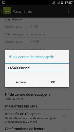 Saisissez le numéro du N° de centre de messagerie et sélectionnez OK