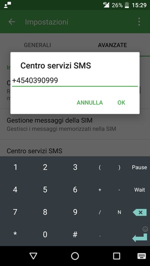 Inserisci il numero di Centro servizi SMS e seleziona OK