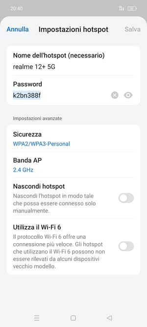 Inserisci una password dell'hotspot Wi-Fi di almeno 8 caratteri e seleziona Salva