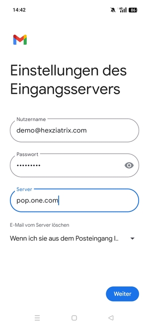 Geben Sie Benutzername und die Server-Adresse für eingehende Post ein. Wählen Sie Weiter