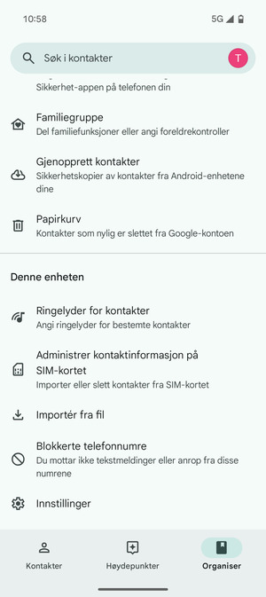 Bla til og velg Administrer kontaktinformasjon på SIM-kortet