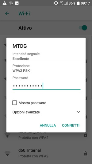 Inserisci la password del Wi-Fi e seleziona CONNETTI