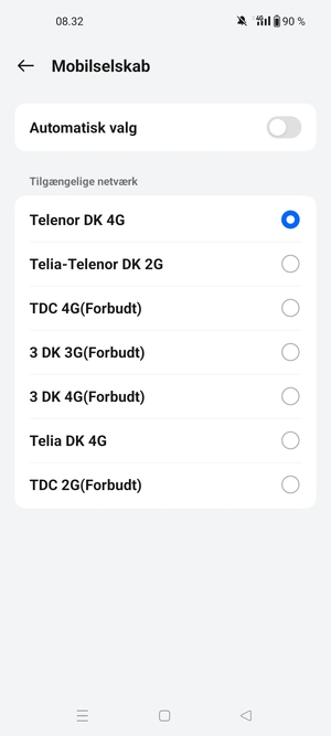 Vælg en netværksudbyder fra listen