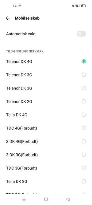 Vælg en netværksudbyder fra listen