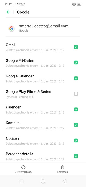 Aktivieren Sie alle Kontrollkästchen, und wählen Sie Jetzt synchron.