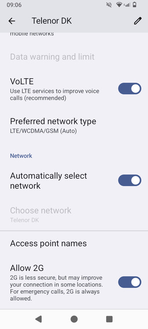Scroll to and select Preferred network type