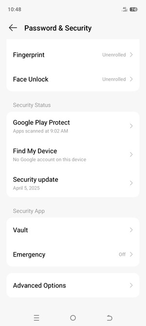To change the PIN for the SIM card, go to the Password & Security menu and select Advanced Options