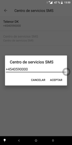 Introduzca el número de Centro de servicios SMS y seleccione ACEPTAR