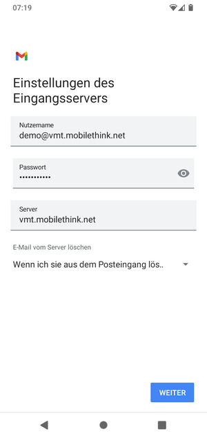Geben Sie Benutzername und die Server-Adresse für eingehende Post ein. Wählen Sie WEITER