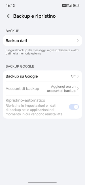 Seleziona Backup su Google
