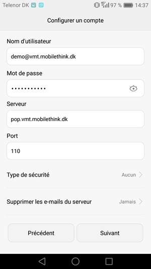 Saisissez votre Nom d'utilisateur et l'adresse du serveur entrant. Sélectionnez Suivant