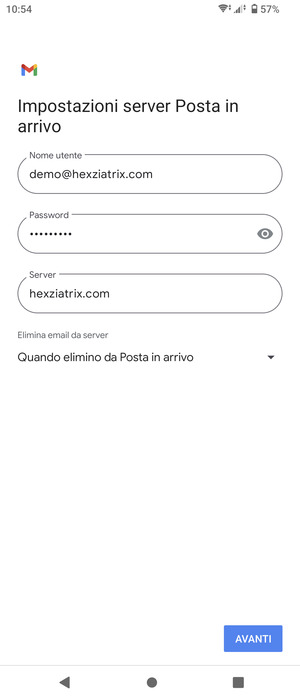 Inserisci Nome utente e l'indirizzo del server di posta in arrivo. Seleziona AVANTI
