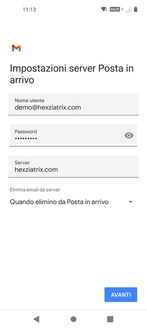Inserisci Nome utente e l'indirizzo del server di posta in arrivo. Seleziona AVANTI
