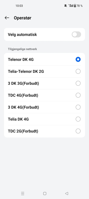 Velg en nettverksoperatør fra listen