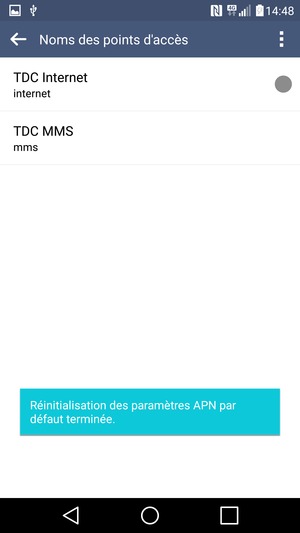Votre téléphone va être réinitialisé avec les paramètres Internet et MMS par défaut