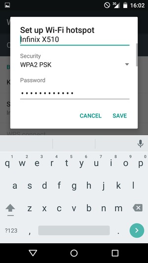 Enter a Wi-Fi hotspot password of at least 8 characters and select SAVE