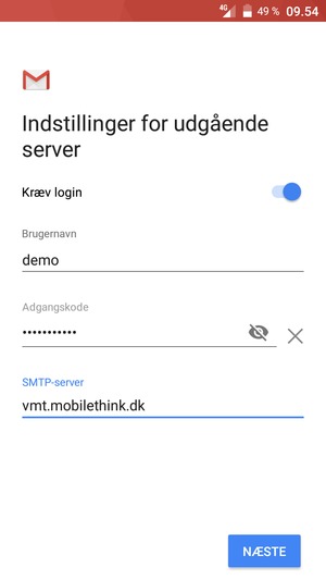 Indtast udgående serveradresse og vælg NÆSTE