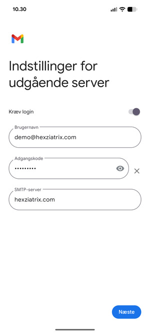 Indtast udgående serveradresse og vælg Næste