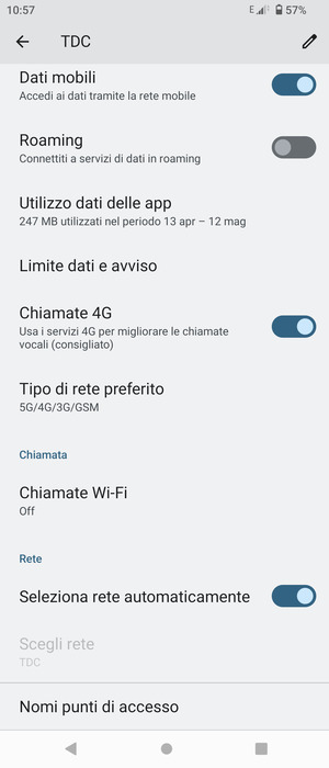 Scorri e seleziona Tipo di rete preferito
