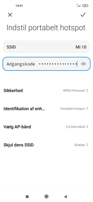 Indtast en Wi-Fi-hotspot adgangskode på minimum 8 tegn og vælg GEM