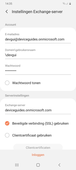 Voer Gebruikersnaam en Exchange serveradres in. Selecteer Inloggen