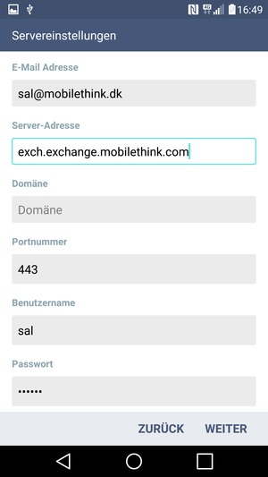 Geben Sie Exchange Server-Adresse und Benutzername ein. Wählen Sie WEITER