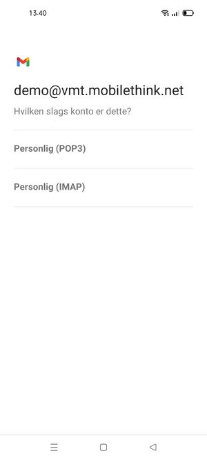 Vælg Personlig (POP3) eller Personlig (IMAP)