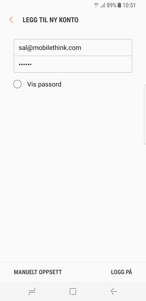 Skriv inn e-postadresse og passord. Velg MANUELT OPPSETT