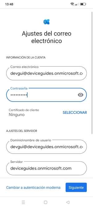 Introduzca Nombre de usuario y la dirección de servidor Exchange. Seleccione Siguiente