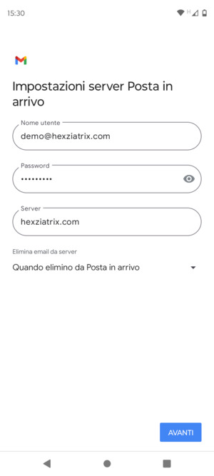 Inserisci Nome utente e l'indirizzo del server di posta in arrivo. Seleziona AVANTI