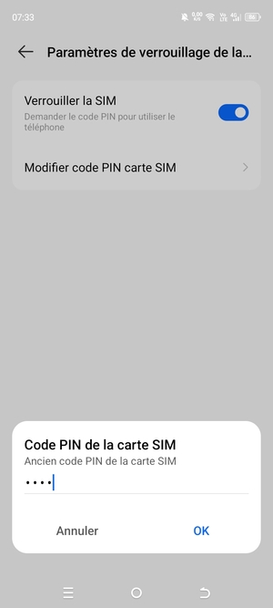 Saisissez votre Ancien code PIN de la carte SIM et sélectionnez OK