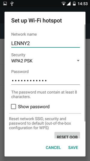 Enter a Wi-Fi hotspot password of at least 8 characters and select SAVE