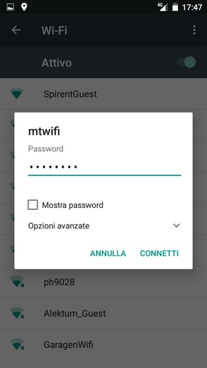 Inserisci la password del Wi-Fi e seleziona CONNETTI